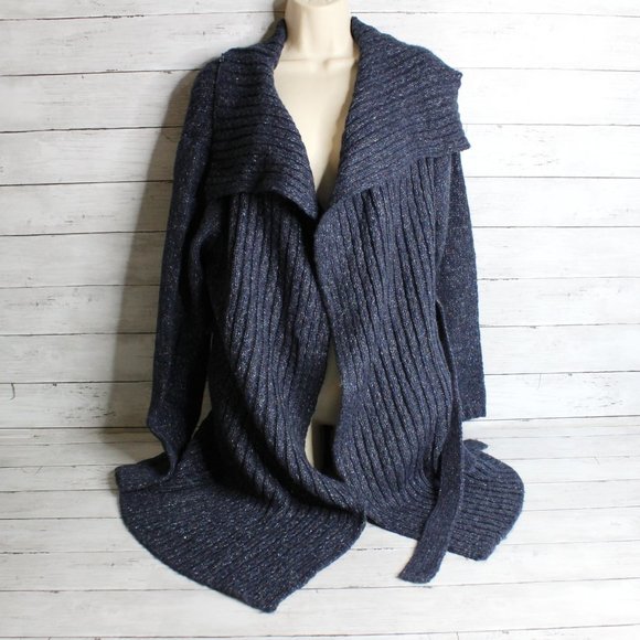 NWT Daisy Fuentes Women's Long Cardigan Sweater Size L Blue Wool Beltef - Picture 1 of 8